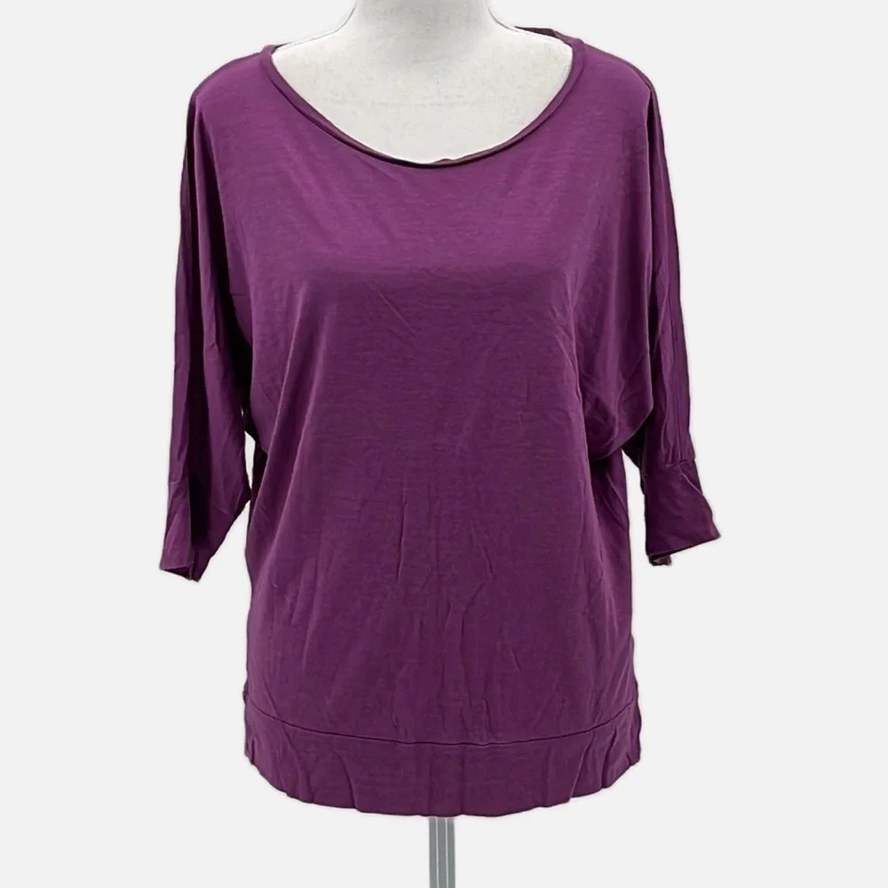 Eileen Fisher Silk Blend Ballet Neck Dolman Sleeve Top in Sweet Plum - Medium